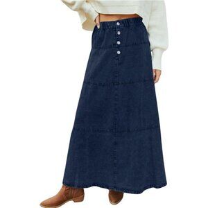 Women Casual Denim Maxi Skirt Elastic Waist Dark Blue